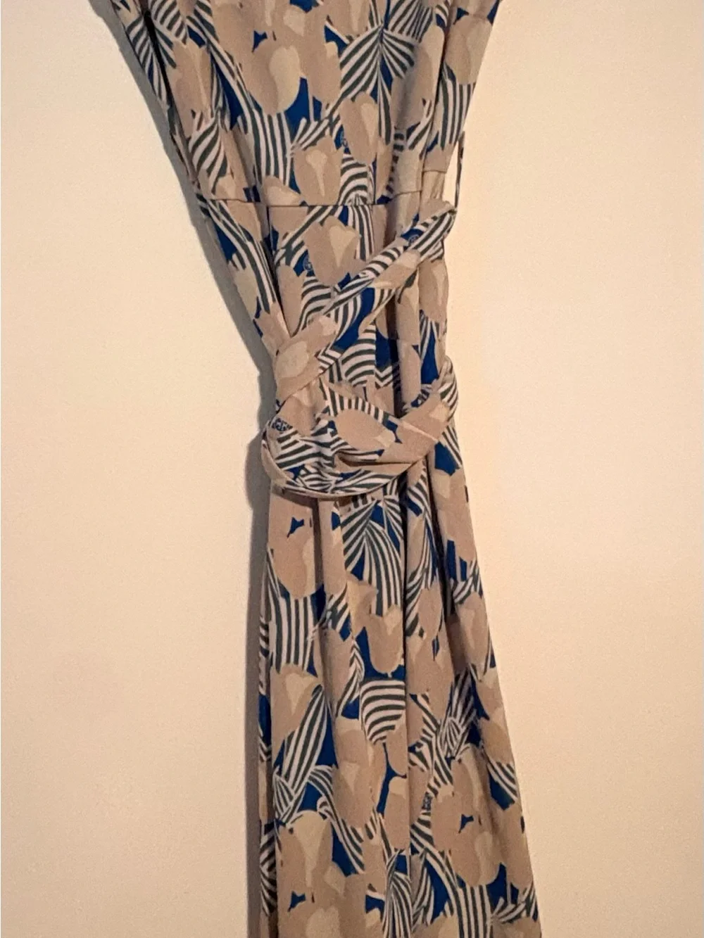 Tory Burch Beige and Blue Printed Sleeveless dress with belted sash.